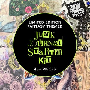 May include: A fantasy-themed junk journal starter kit containing over 45 pieces, including dragon illustrations, floral patterns, alphabet stickers, and decorative metal corners, centred around a black circular label with neon green text.