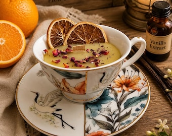 Vela ritual con aroma a taza de té. Aroma a naranja y vainilla.