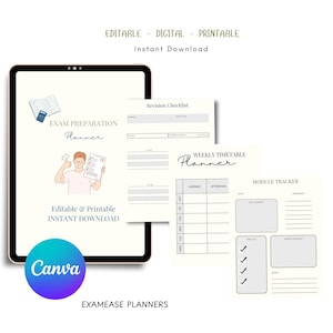 May include: Digital exam preparation planner with a tablet, revision checklist, weekly timetable, and module tracker. The image includes the text "Editable & Printable Instant Download" and "Canva". The planner is designed for students.