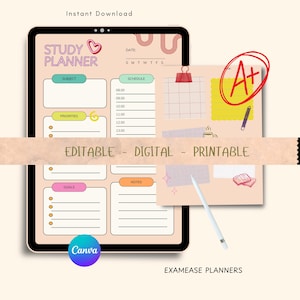 Könnte beinhalten: Digitaler Studienplaner mit rosa und beigem Farbschema. Der Planer enthält Abschnitte für Fächer, Prioritäten, Ziele und Notizen. Der Text "EDITABLE - DIGITAL - PRINTABLE" wird angezeigt. Ein Blatt mit der Note A+ ist ebenfalls abgebildet.