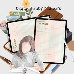 Könnte beinhalten: Ein digitaler Lernplaner auf zwei Tablet-Bildschirmen mit Abschnitten für Lernstunden, Fächer, Fristen und Ziele. Das Bild enthält eine Aquarellillustration einer schreibenden Person, einen Eingabestift und florale Akzente mit dem Text DIGITAL STUDY PLANNER.