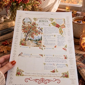 May include: A printed educational worksheet titled Wild World Collection Rowan Mountain Ash The Tree of Protection. The page features an alphabet border, botanical illustrations of a rowan tree with red berries, grammar definitions, and writing practice sections.