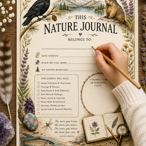 May include: A nature journal page featuring a black crow, a marmot, mountains, and a lake. The text reads THIS NATURE JOURNAL BELONGS TO, DATE STARTED, PLACE WE CALL HOME, MY NATURE BUDDY(IES), and includes a checklist for observations and drawings.
