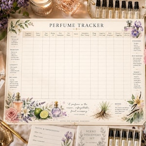 May include: A cream-colored perfume tracker log sheet featuring a grid for fragrance details, including columns for brand, rating, and notes. The paper is decorated with watercolor illustrations of flowers, citrus, and perfume bottles, with the text Perfume Tracker.