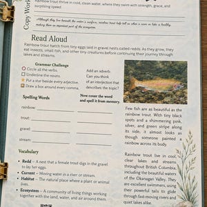 May include: An educational worksheet titled Aquatic Life Field Notes Series: Rainbow Trout. The page includes text, a photograph of a rainbow trout, a grammar challenge, spelling words, vocabulary definitions, and two QR codes for video links.