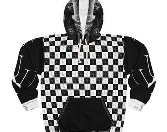Moletom com capuz UV Signare com estampa xadrez preta e branca de caveira | Moda streetwear gótica grunge