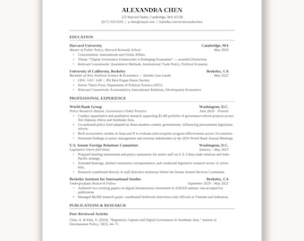 May include: A resume for Alexandra Chen, listing education at Harvard and UC Berkeley, and professional experience at the World Bank Group and U.S. Senate. The document is in Times New Roman font.