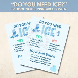 Könnte beinhalten: Zwei hellblaue Poster mit dem Text "DO YOU NEED ICE?" und "SCHOOL NURSE PRINTABLE POSTER". Die Poster listen auf, wann Eis verwendet werden soll, einschließlich Verstauchungen, Kopfverletzungen und Schwellungen. Die Poster listen auch auf, wann Eis nicht verwendet werden soll.