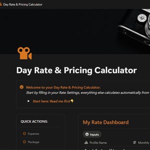 May include: A digital Day Rate & Pricing Calculator dashboard interface featuring a black background, an orange camera icon, and a top banner image of a vintage camera. The layout includes sections for Quick Actions and a My Rate Dashboard with input fields.