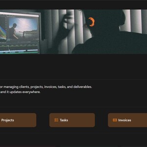 May include: A digital dashboard interface titled VidFlow CRM featuring a dark theme, a header image of a person editing video, and navigation buttons for Clients, Projects, Tasks, Invoices, and Deliverables, with a welcome message and pipeline board.
