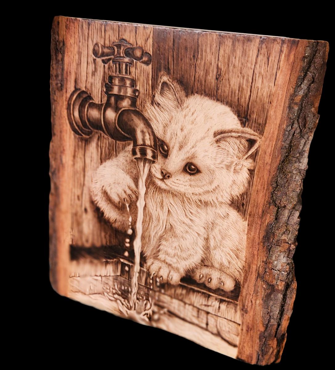 Playful Kitten Pyrography Wood Art: Curious Ragdoll Cat Water Scene - Etsy