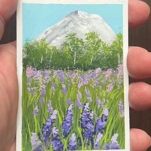 Mount Rainier Lupine Field Original Miniature Painting, Watercolor Gouache (ACEO 2.5x3.5 inches)