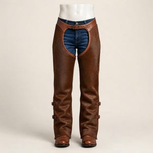 Könnte beinhalten: Braune Leder-Chaps mit strukturierter Felloptik, ausgestattet mit einem glatten Lederbund und einem mittigen Schnallenverschluss. Die Chaps werden über einer dunkelblauen Jeans getragen und haben jeweils zwei seitliche Schnallen.