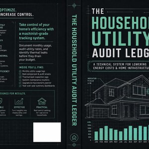 Puede incluir: Portada del libro The Household Utility Audit Ledger. La portada es negra con texto y gráficos blancos y turquesa. El título del libro está en letras grandes de color turquesa. La portada incluye una ilustración de una casa y gráficos.