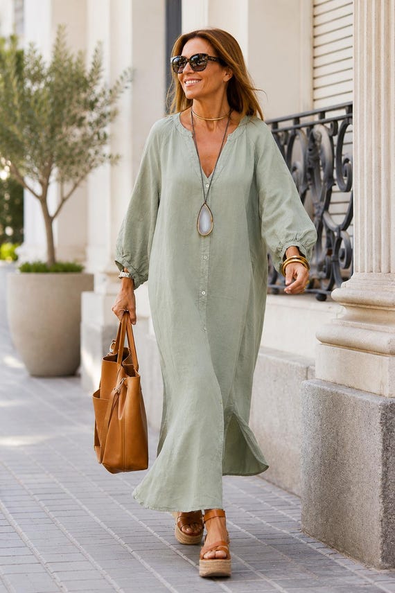 Cotton Linen Maxi Dress, Loose Boho Button Front, Oversized Kaftan, Summer Beach Vacation Outfit