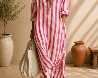 Striped Summer Shirt Dress for Women | Loose V Neck Maxi Kaftan Dress | Oversized Beach Cover Up | Casual Boho Vacation Dress