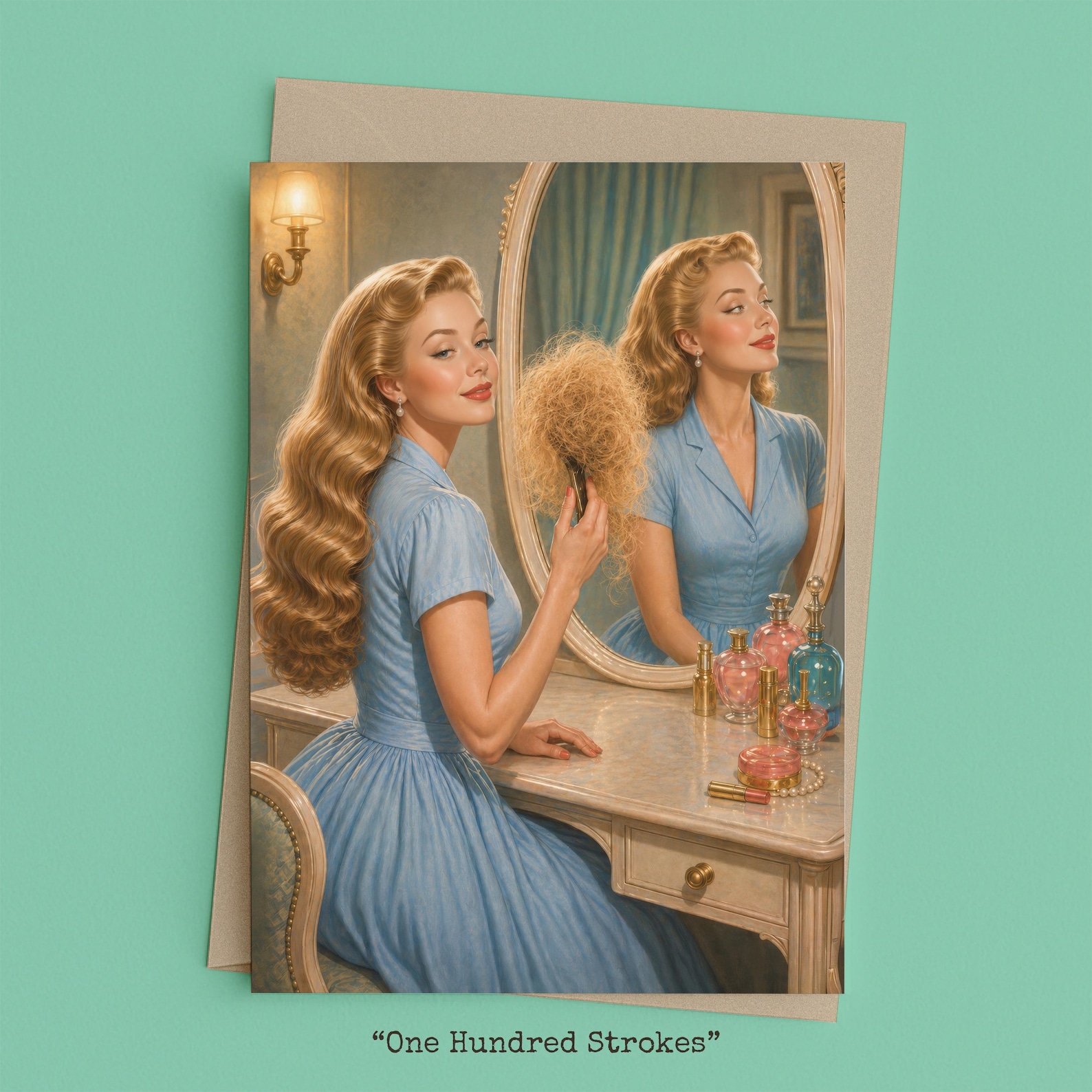 Woman at her vanity brushing a hairbrush tangled thick with hair
