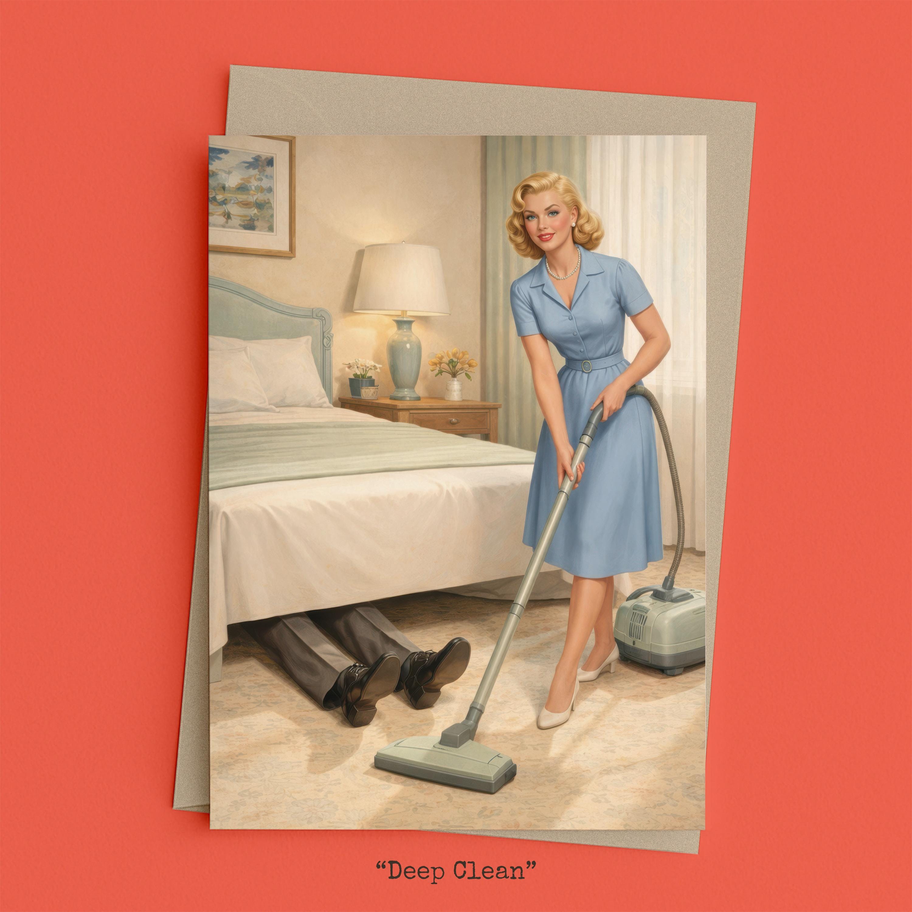 Woman vacuuming a bedroom while a body lies under the bed