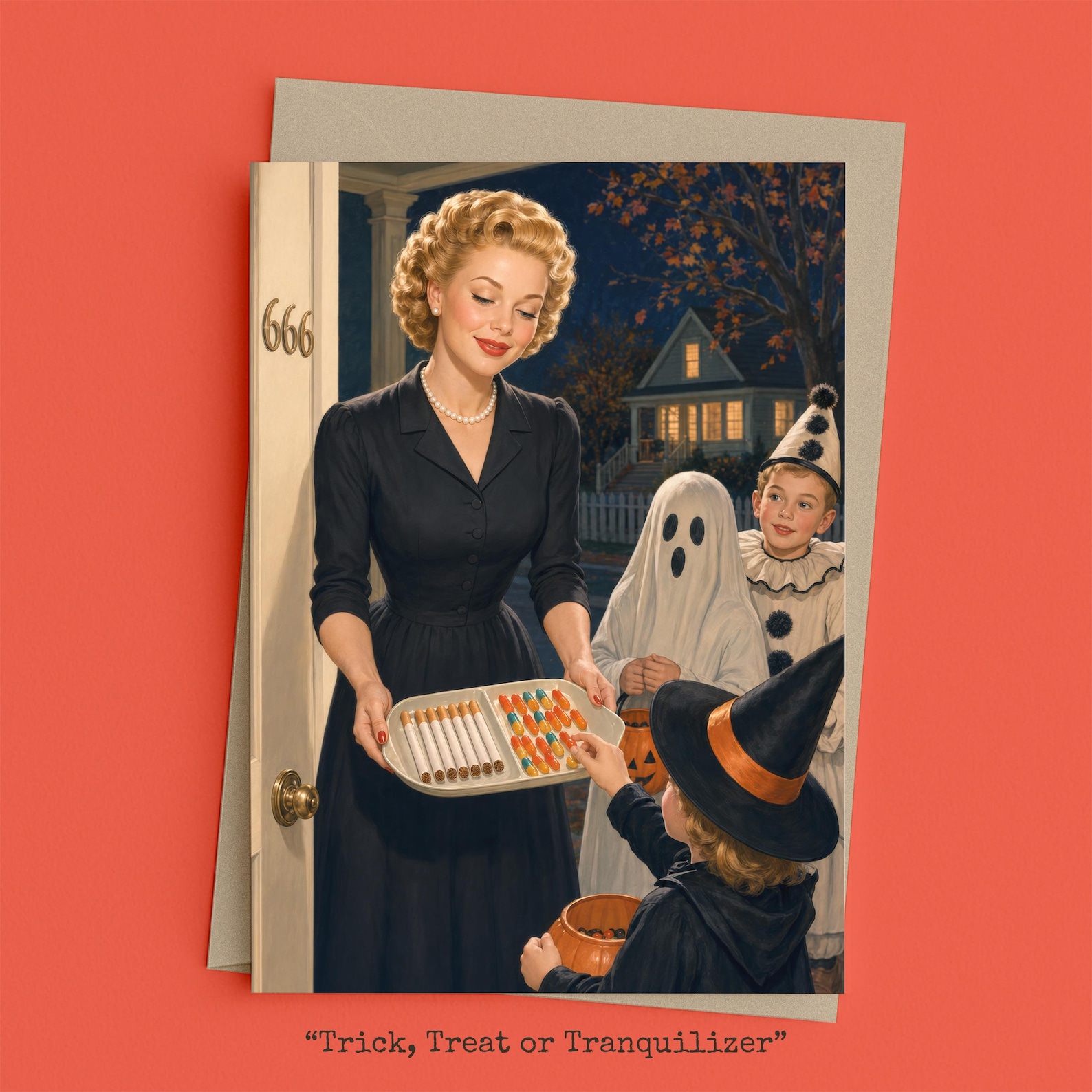 Woman at door number 666 handing trick-or-treaters a tray of cigarettes and pills