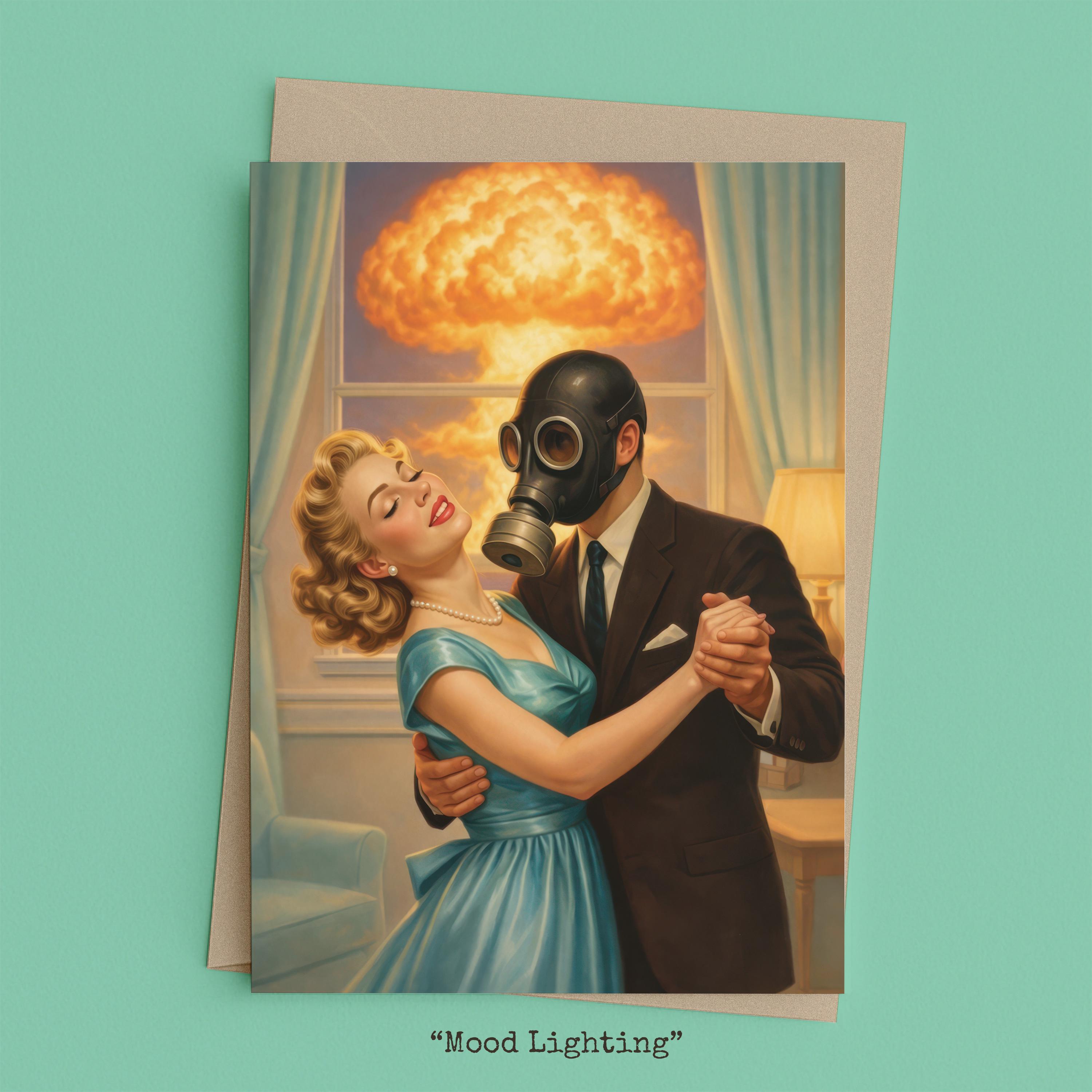 Woman dancing cheek-to-cheek with a partner in a gas mask as a mushroom cloud rises outside