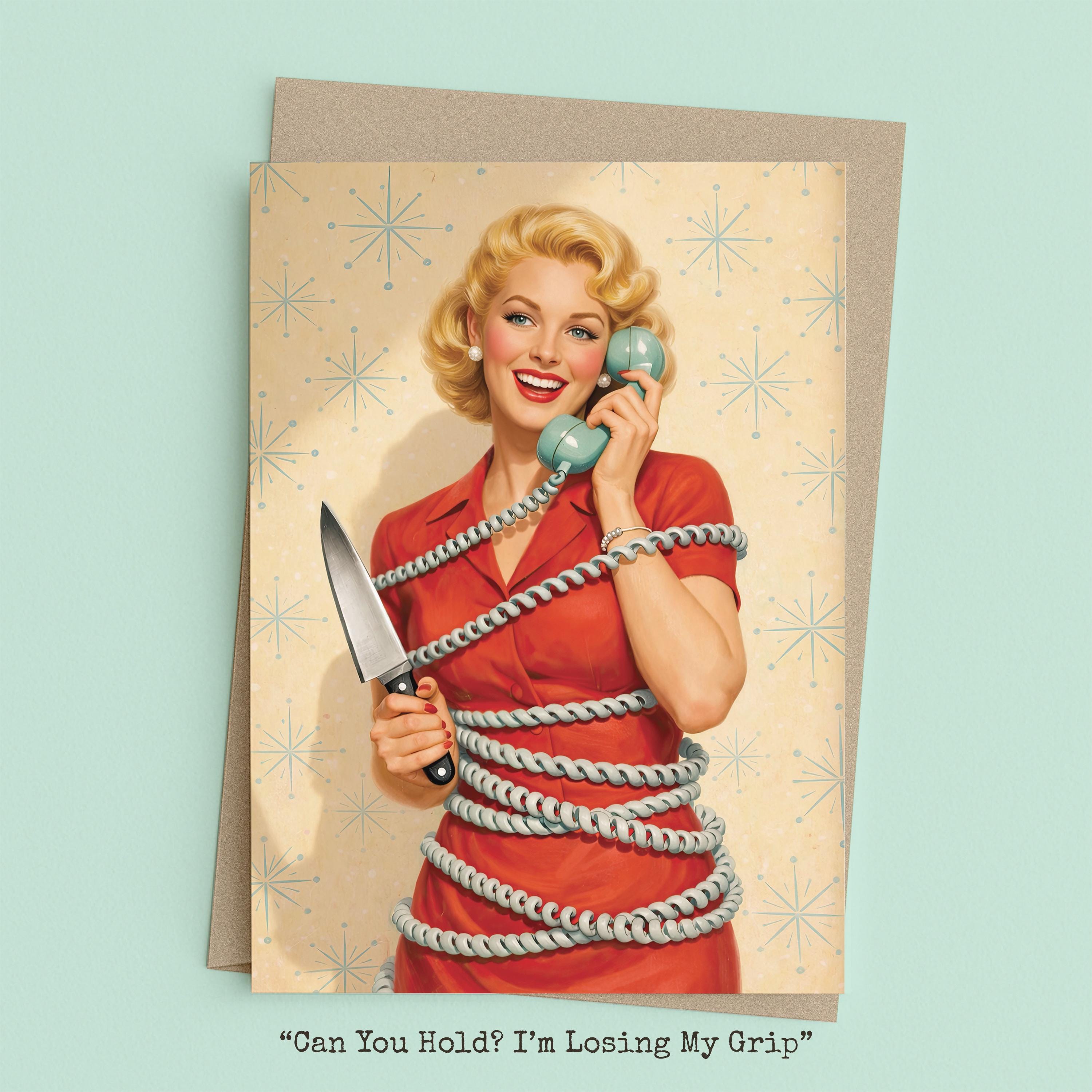 Woman on the phone, wrapped in the cord, holding a knife