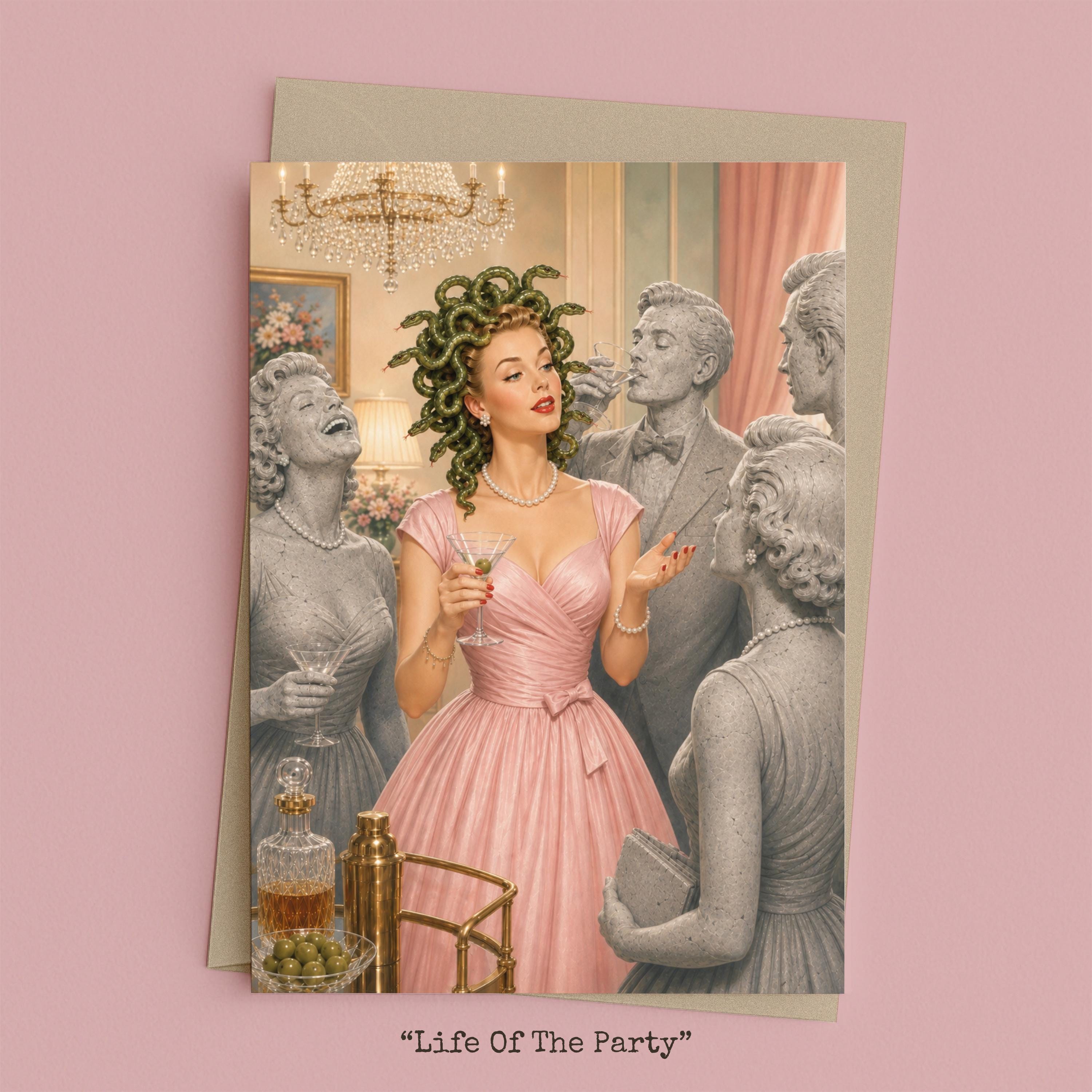 Medusa holding a martini while talking to cocktail party guests