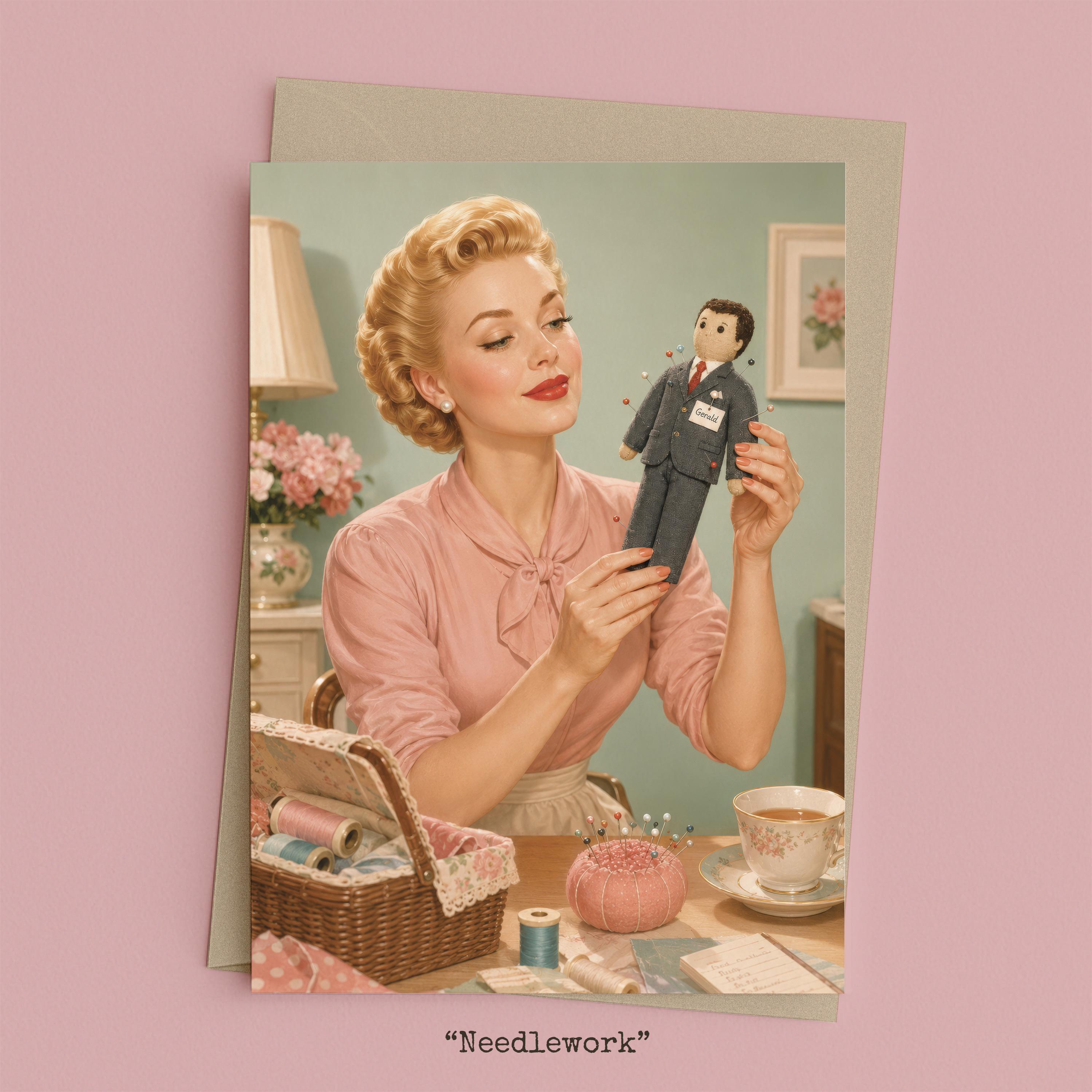 Woman with a voodoo doll and pins in a 1950s sewing room