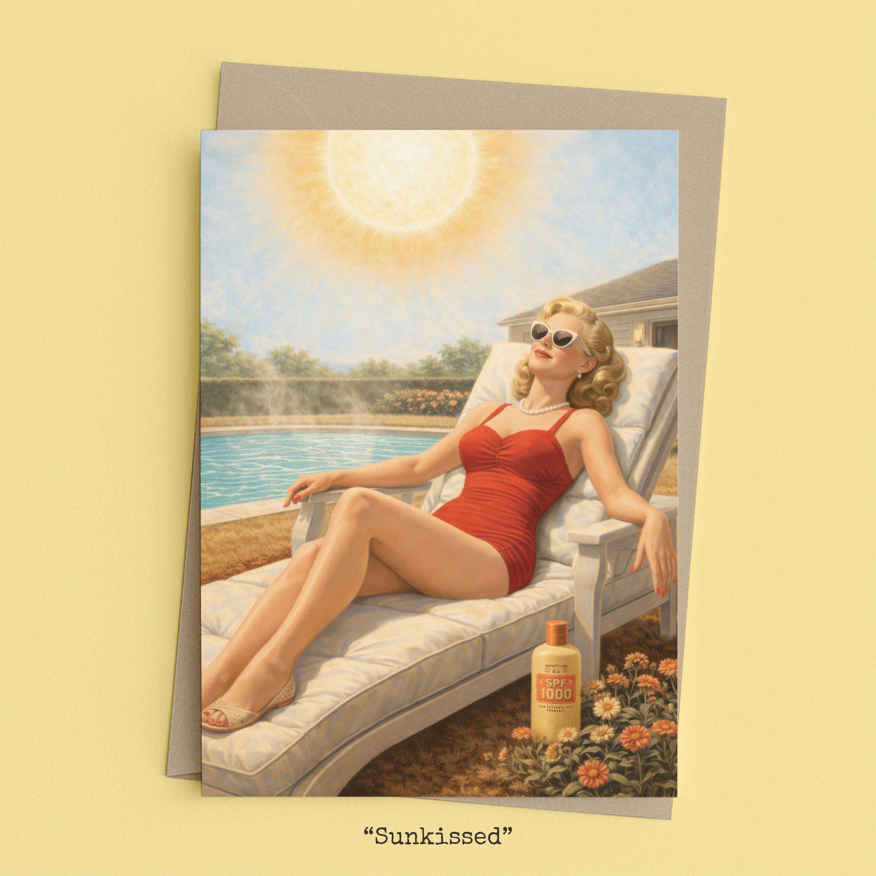 Woman sunbathing under an oversized, blazing sun