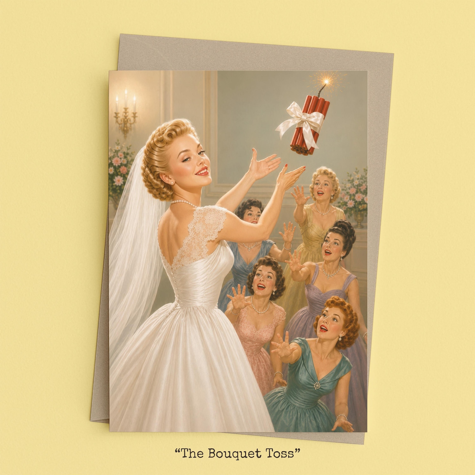 Bride tossing a bouquet of lit dynamite to her bridesmaids