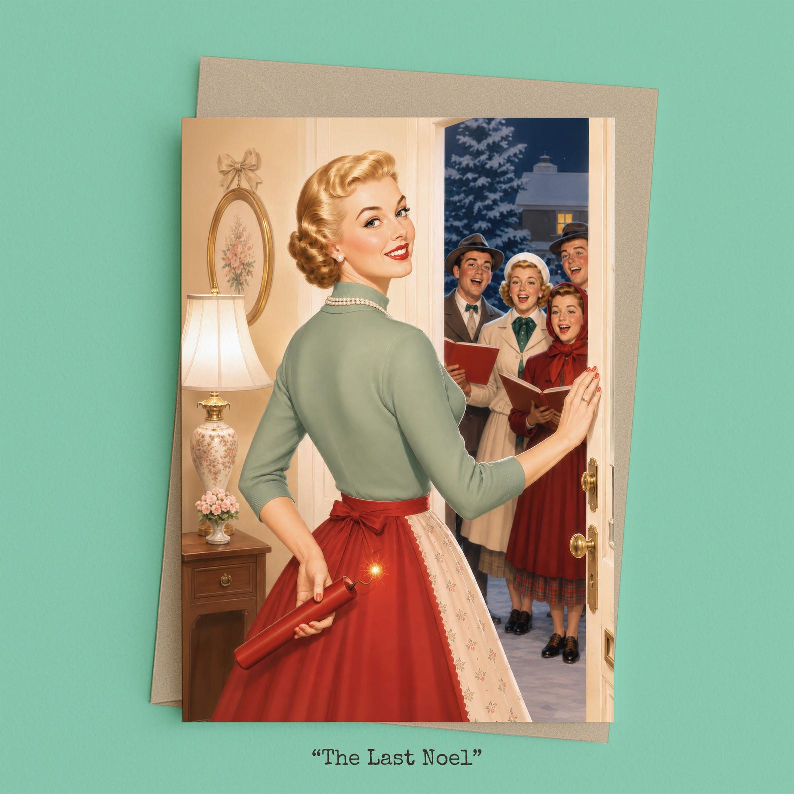 Woman answering the door to carolers while holding a lit stick of dynamite behind her back