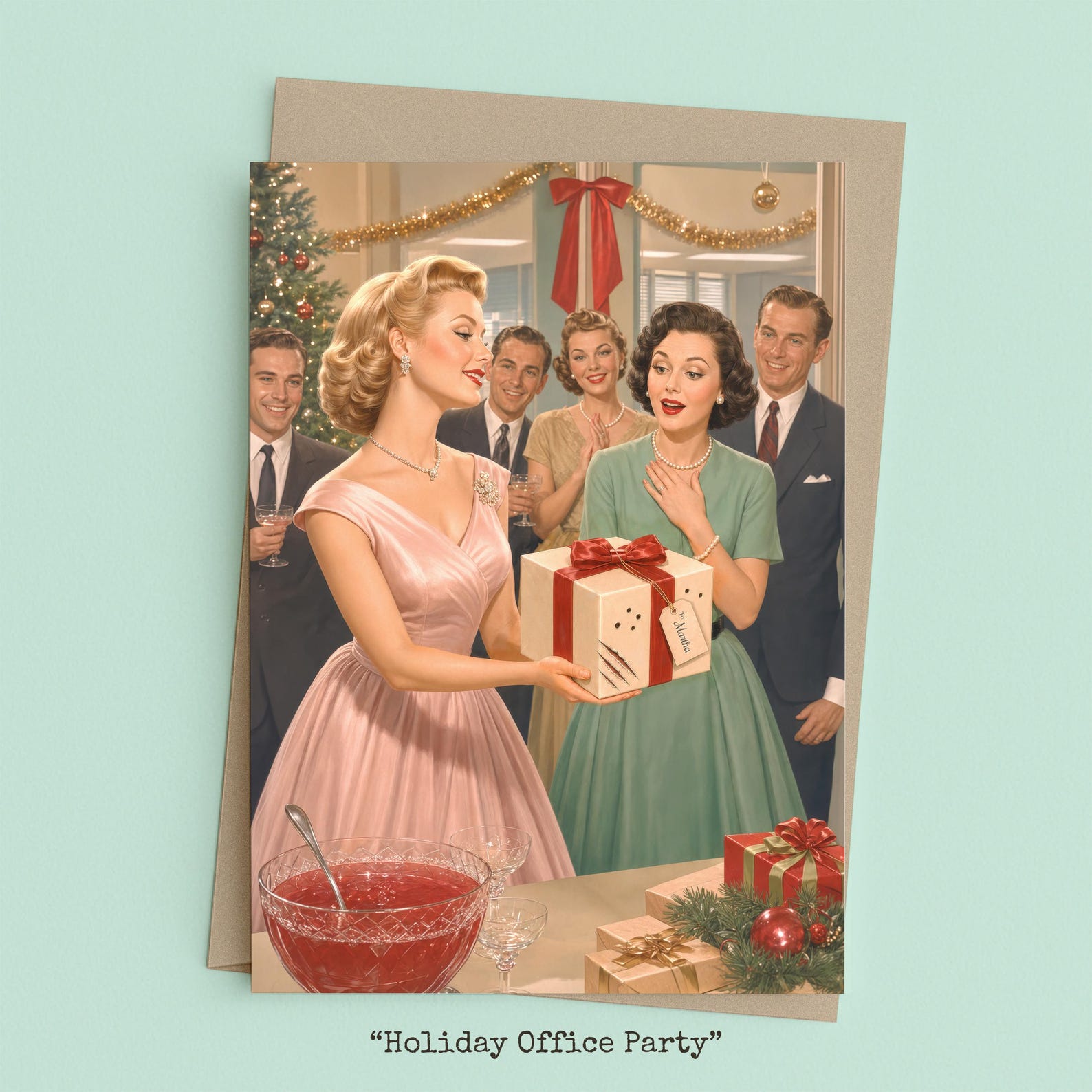 Woman handing a scratched, holed gift box to a coworker at an office holiday party