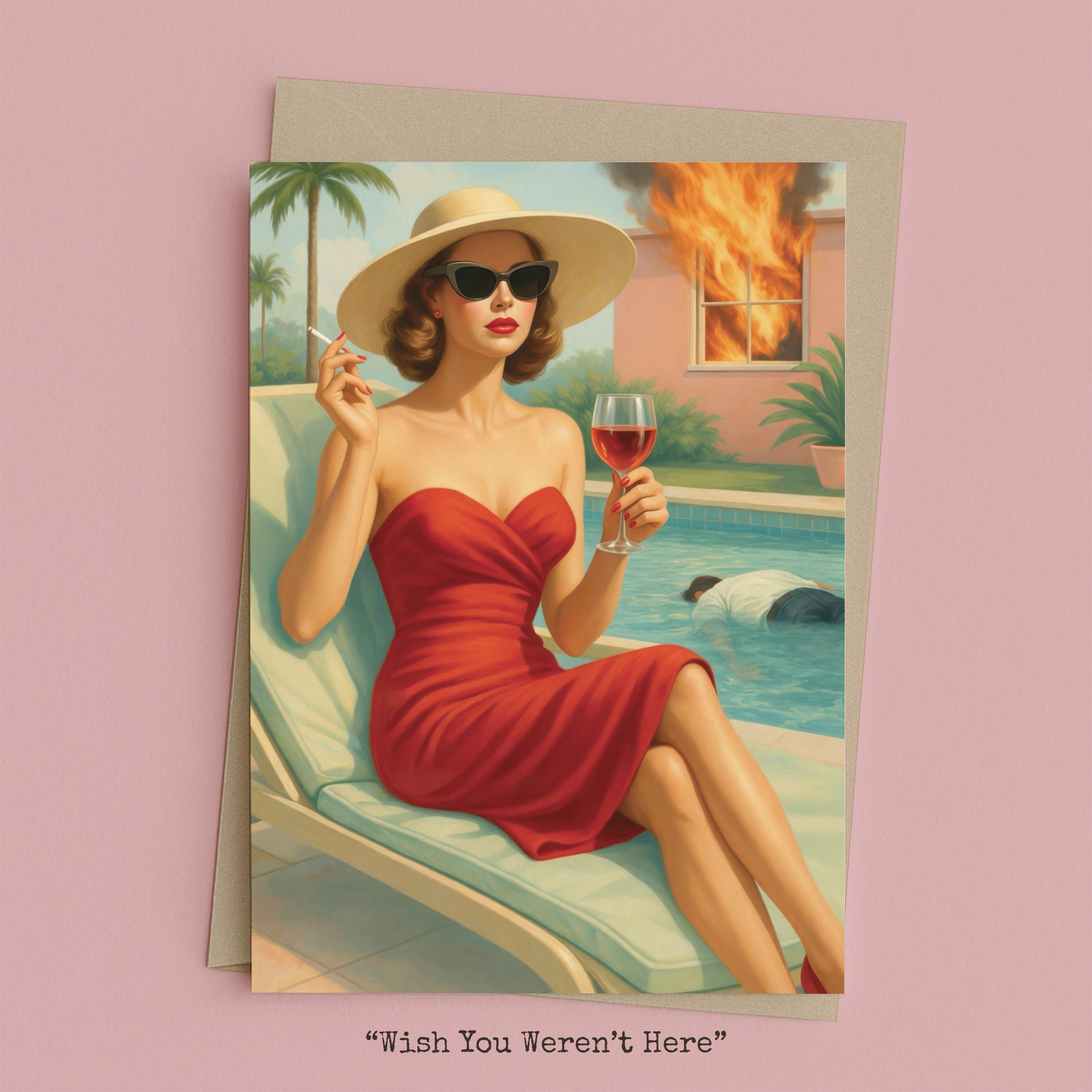 Woman relaxing on a pool float while the house burns behind her