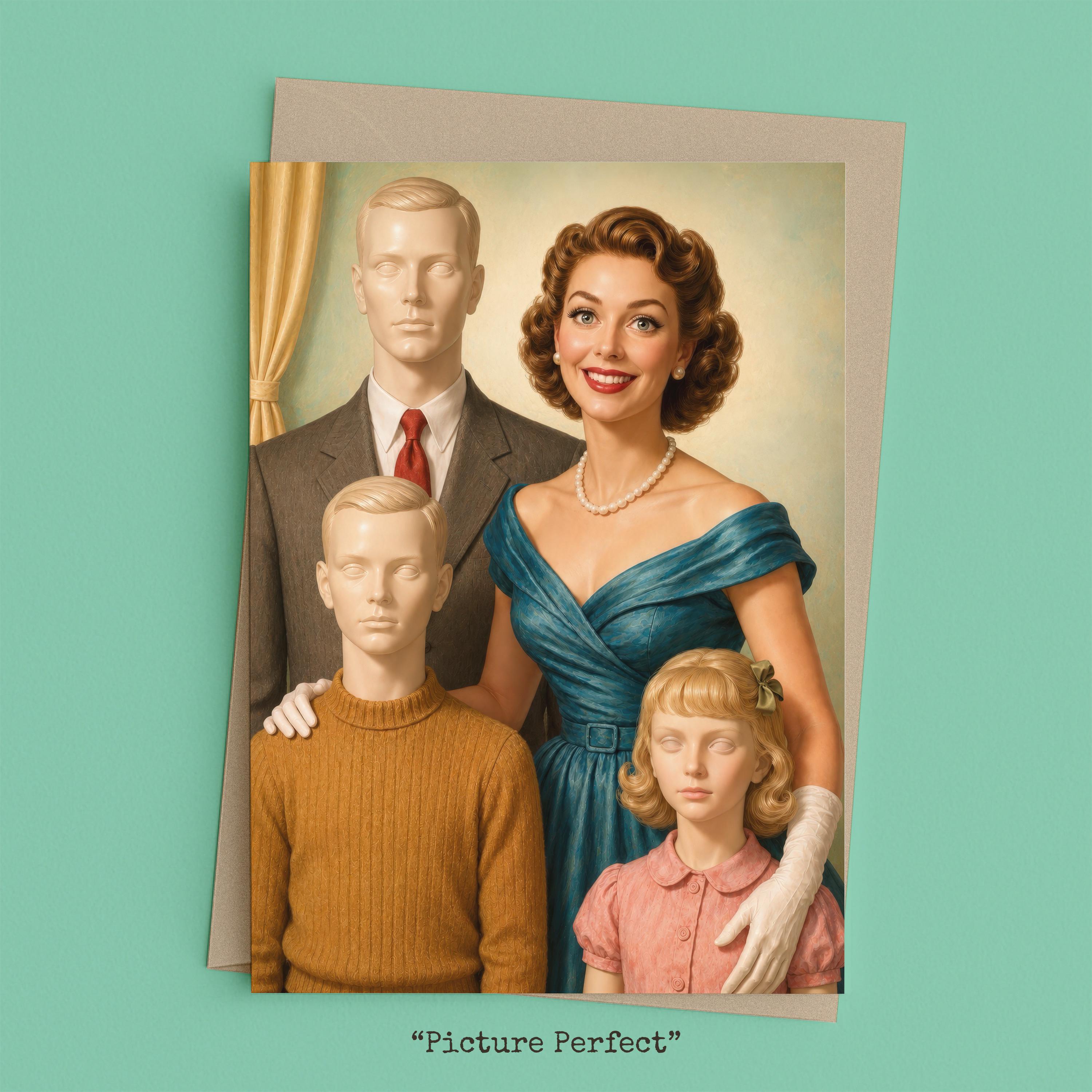 Woman posing with a mannequin family for a portrait