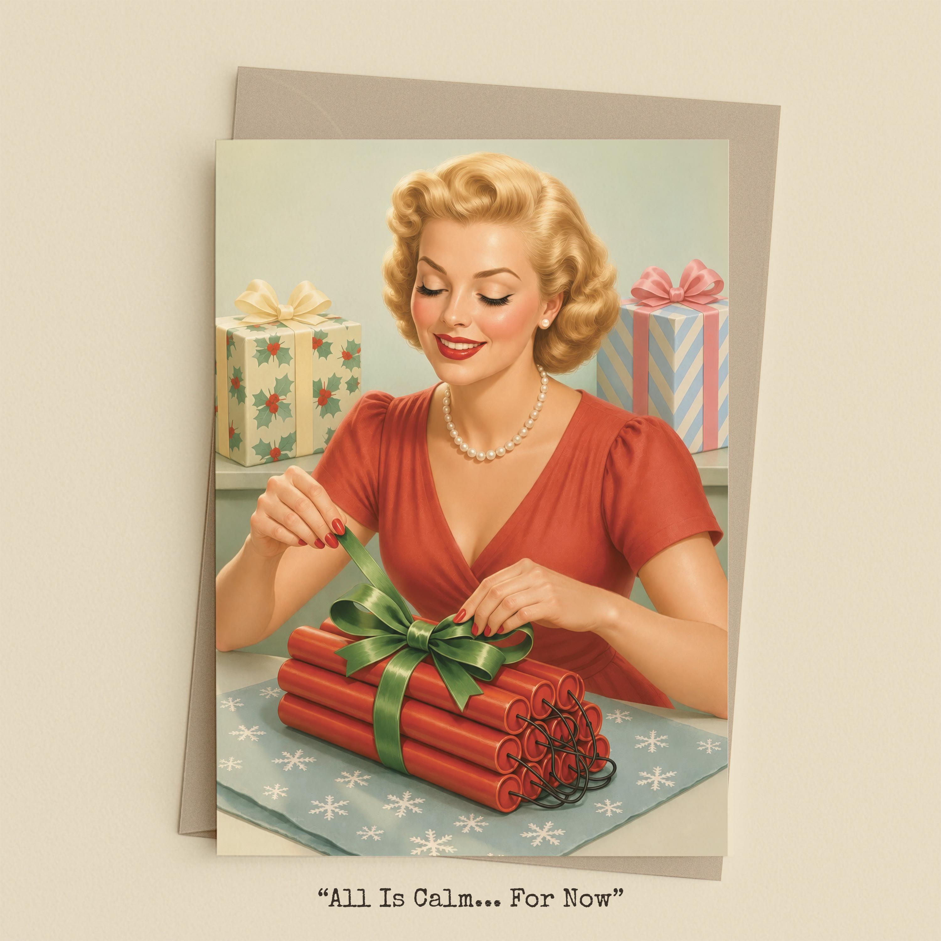 Woman wrapping a stick of dynamite as a Christmas gift