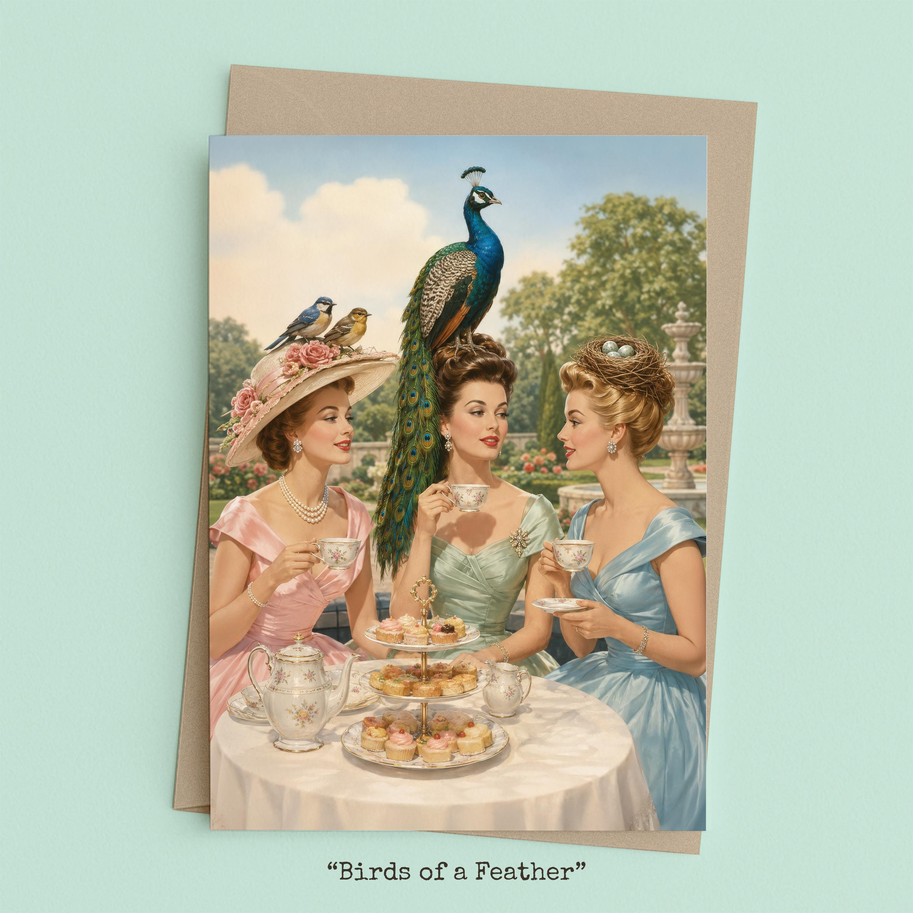 Three women at tea wearing elaborate birds as hats. One of them wearing a bird's nest with eggs.