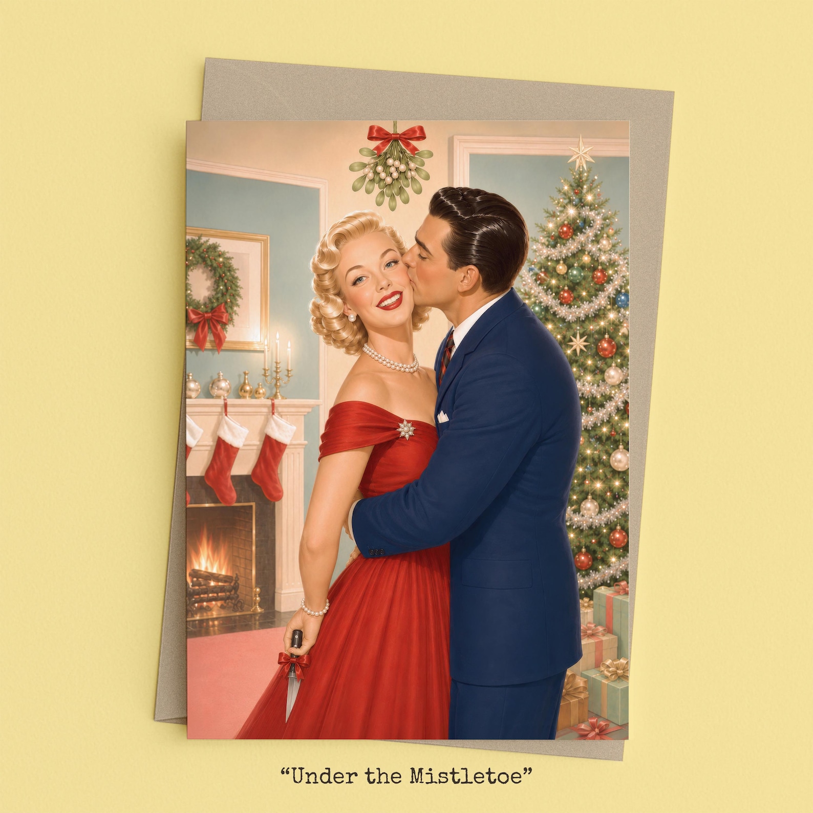 Woman being kissed under the mistletoe while holding a knife behind her back