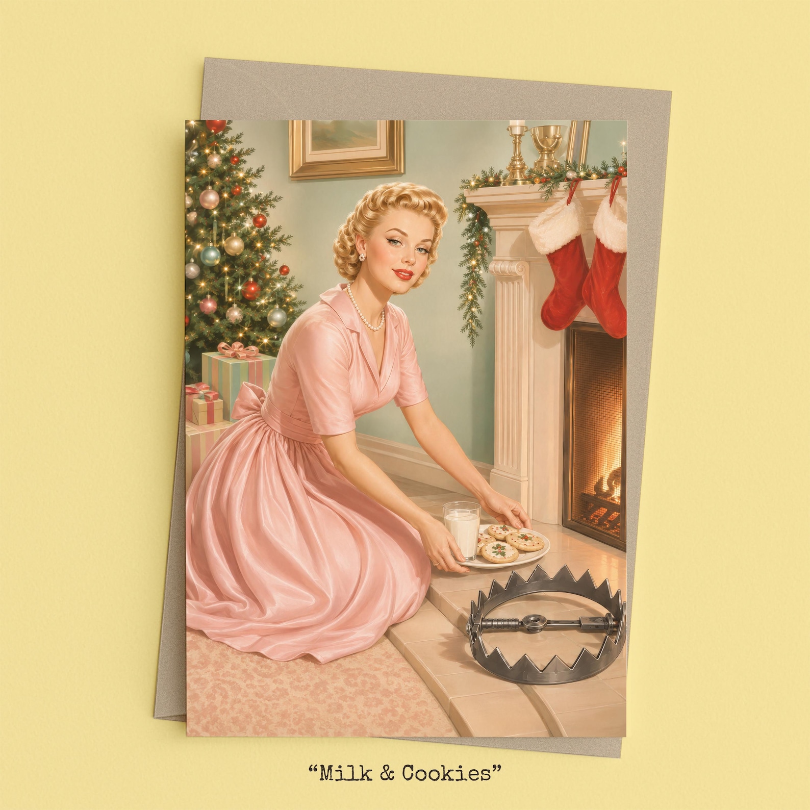 Woman leaving milk and cookies by the fireplace beside a hidden bear trap