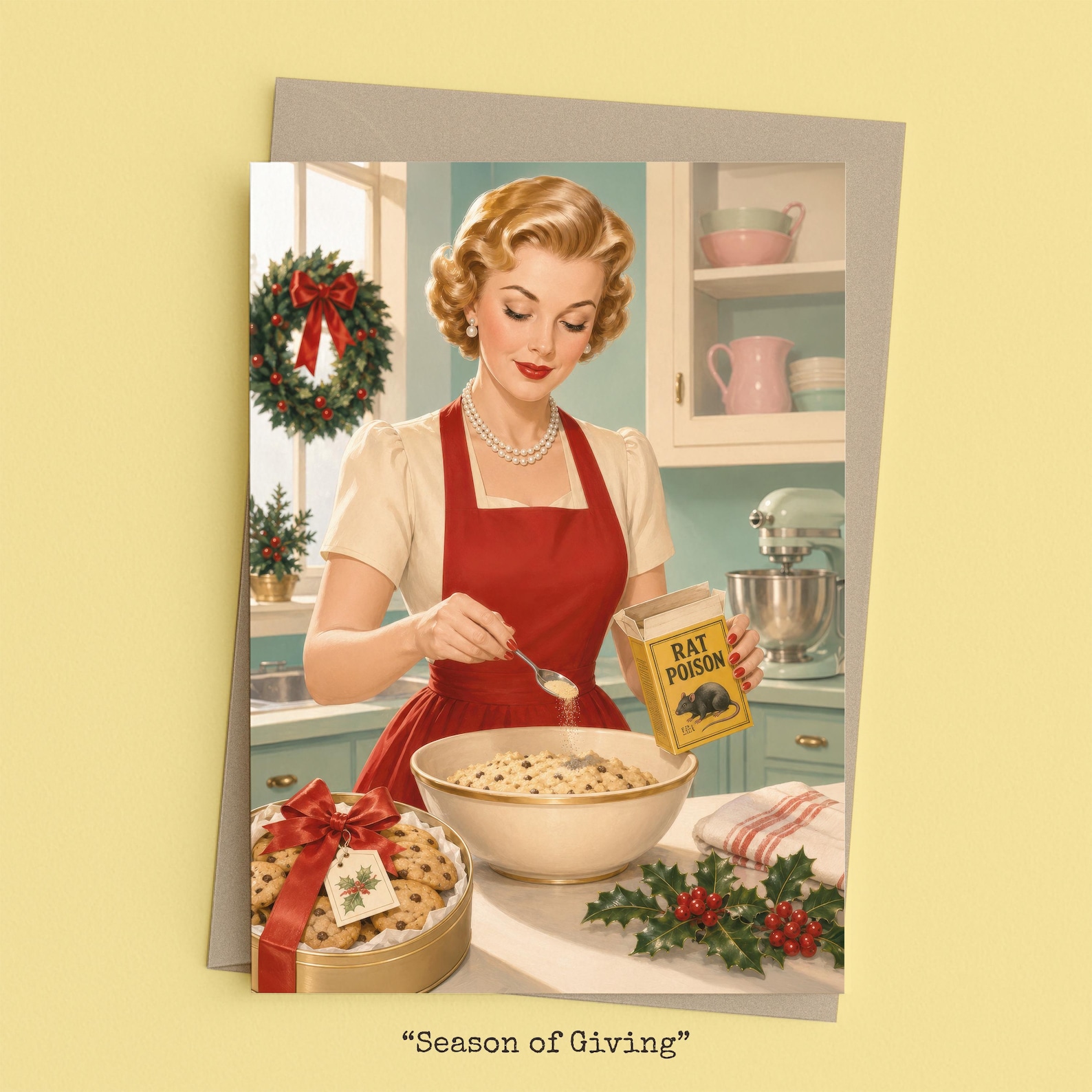 Woman stirring rat poison into a bowl of holiday cookie dough