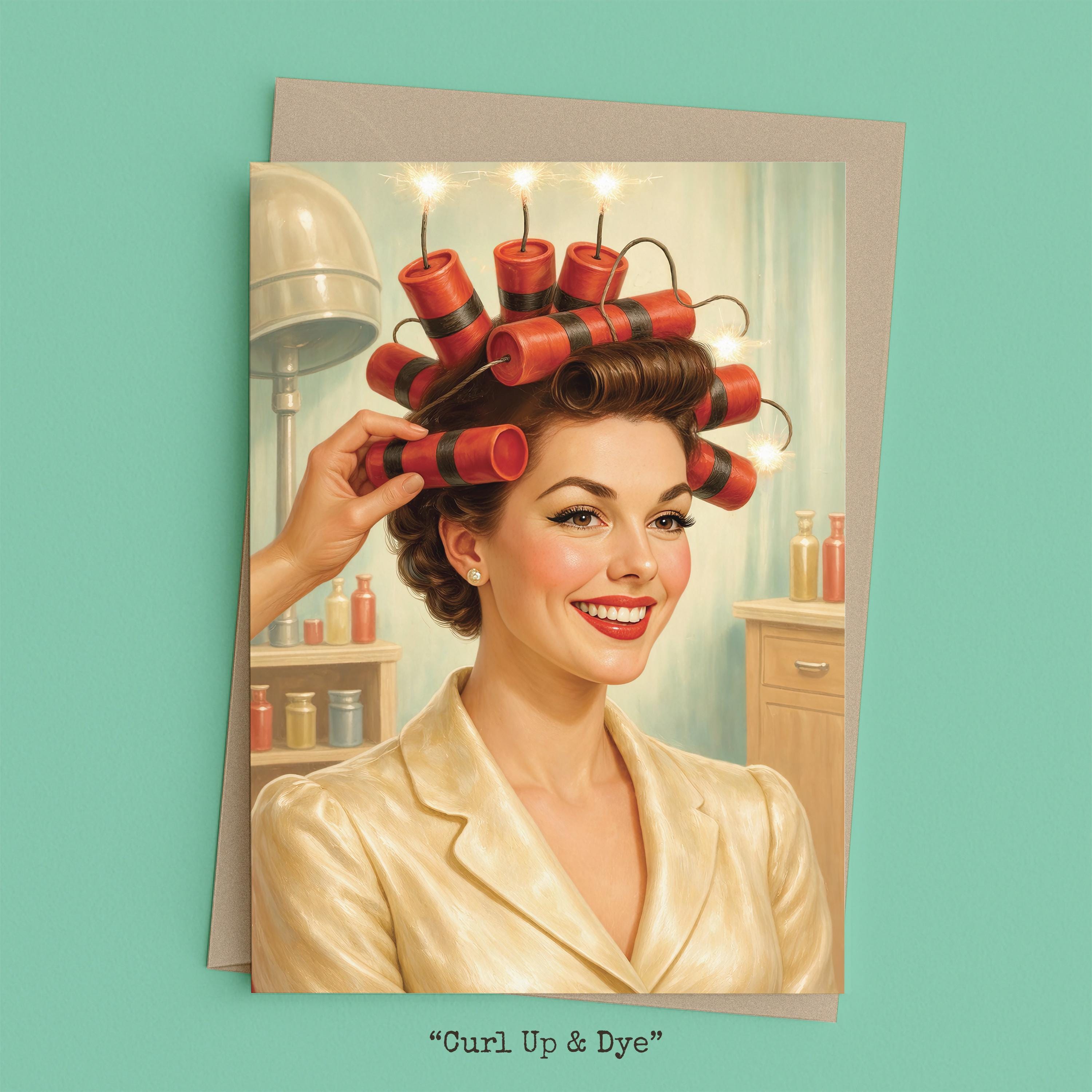 Woman with dynamite sticks styled as hair rollers in a 1950s beauty salon