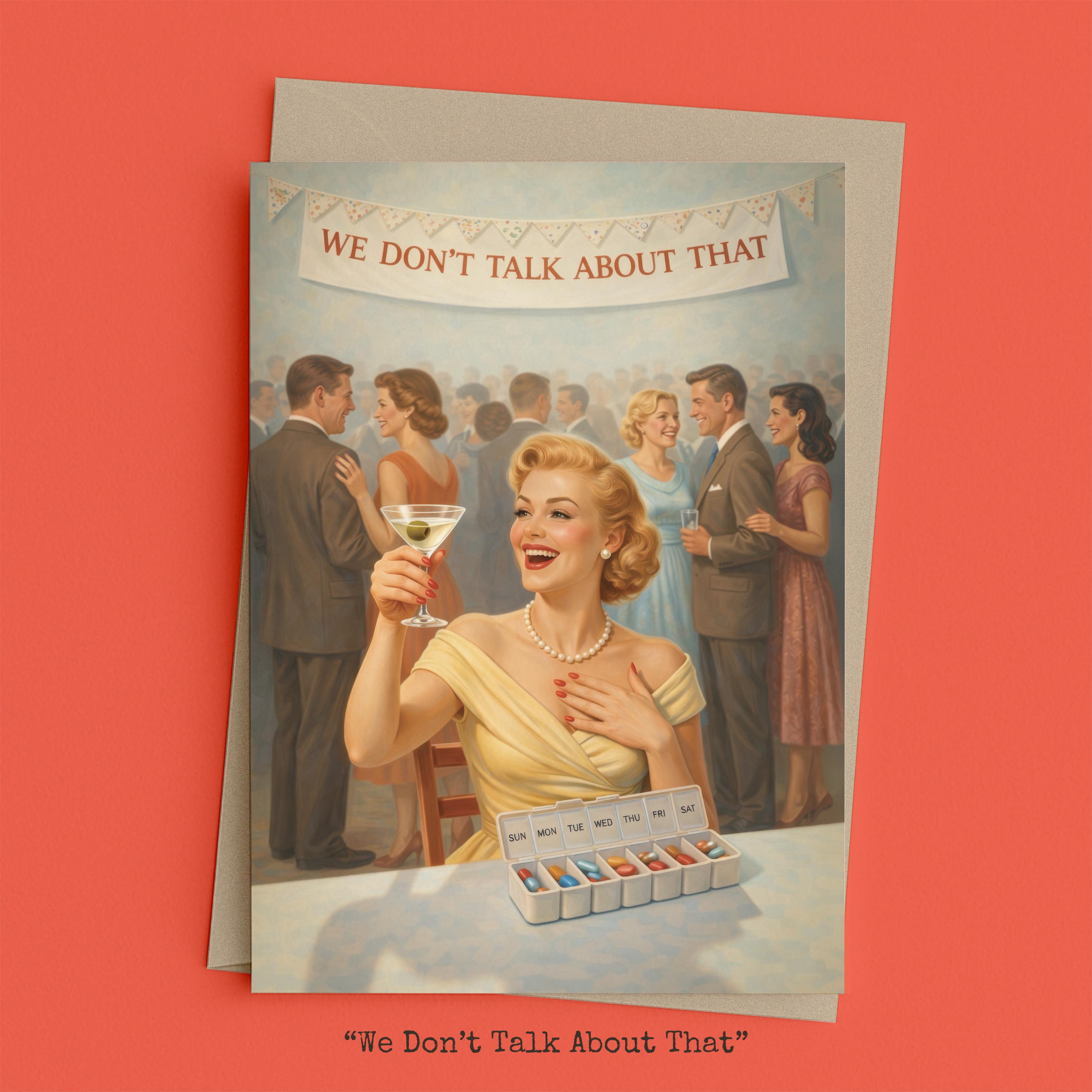 Woman at a party with a pill organizer displayed on the banner