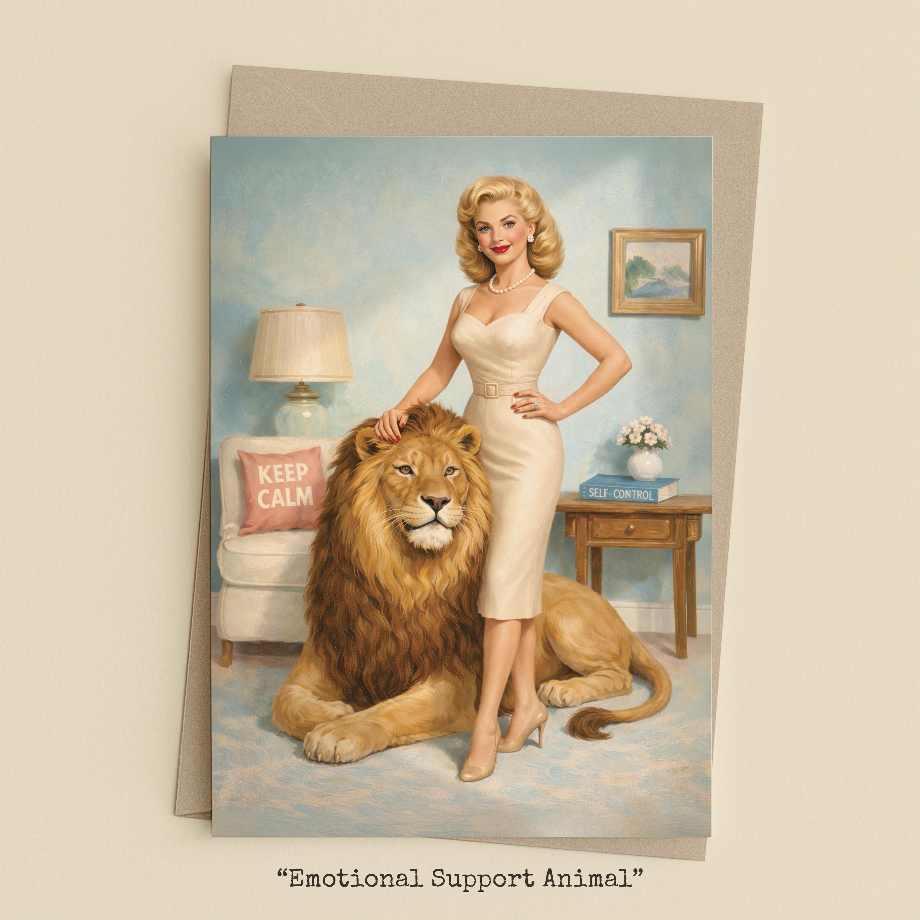 Woman posing calmly with a lion in a 1950s living room
