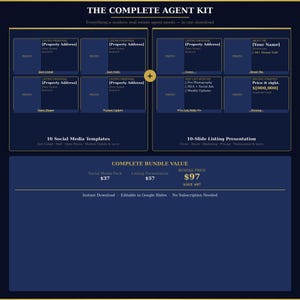 May include: A navy blue graphic with the text "THE COMPLETE AGENT KIT" and "Everything a modern real estate agent needs -- in one download." The graphic includes templates for social media and listing presentations.