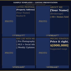 May include: A dark blue presentation template with gold text. The template includes sections for a listing proposal, about the presenter, why to list, and pricing strategy. Each section has a placeholder for a photo.