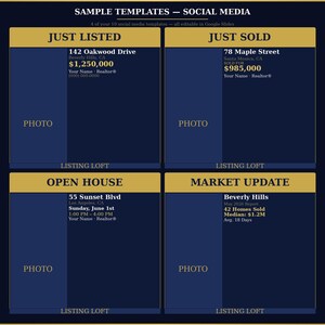 May include: A dark blue social media template with four sections: "Just Listed," "Just Sold," "Open House," and "Market Update." Each section includes text and a placeholder for a photo. The template is for real estate marketing.