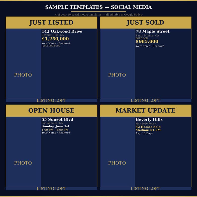 May include: A dark blue social media template with four sections: "Just Listed," "Just Sold," "Open House," and "Market Update." Each section includes text and a placeholder for a photo. The template is for real estate marketing.