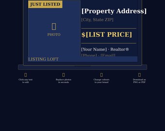 Just Listed Real Estate Flyer Template | Luxury Dark Navy Gold Design (Digital Download)