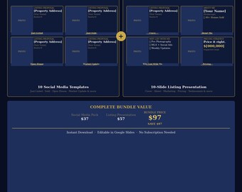 May include: A navy blue graphic with the text "THE COMPLETE AGENT KIT" and "Everything a modern real estate agent needs -- in one download." The graphic includes templates for social media and listing presentations.