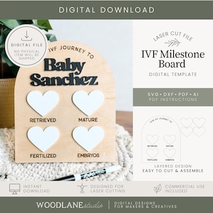 May include: A wooden IVF milestone board with the text "Baby Sanchez" and four heart-shaped cutouts labeled "Retrieved", "Mature", "Fertilized", and "Embryos". The board is a digital download, designed for laser cutting.