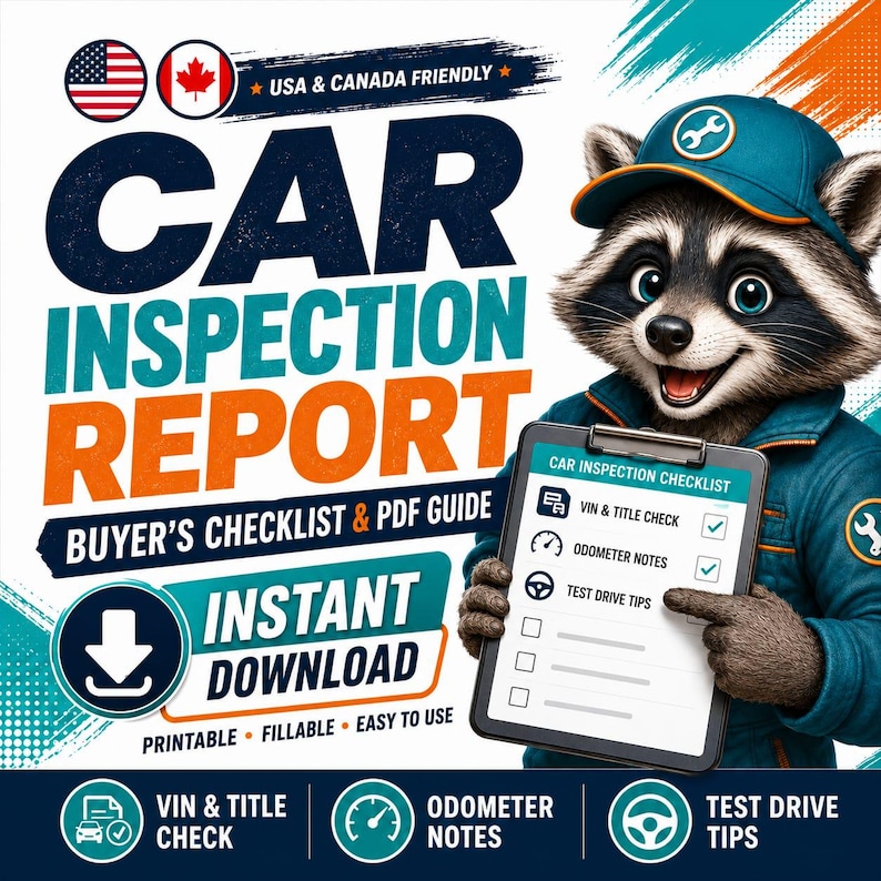 Auto-Inspektionsbericht USA Kanada PDF, Gebrauchtwagen-Inspektionsleitfaden, druckbare Auto-Checkliste, Titel-Kilardzähler, Testfahrt-Hinweise Bild 1
