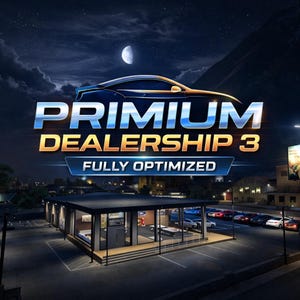 Może przedstawiać: Oświetlony obraz salonu samochodowego w nocy, z tekstem "PRIMIUM DEALERSHIP 3 FULLY OPTIMIZED" w stylizowanej czcionce. Budynek salonu jest nowoczesny ze szklanymi ścianami, a przed nim zaparkowane są samochody.